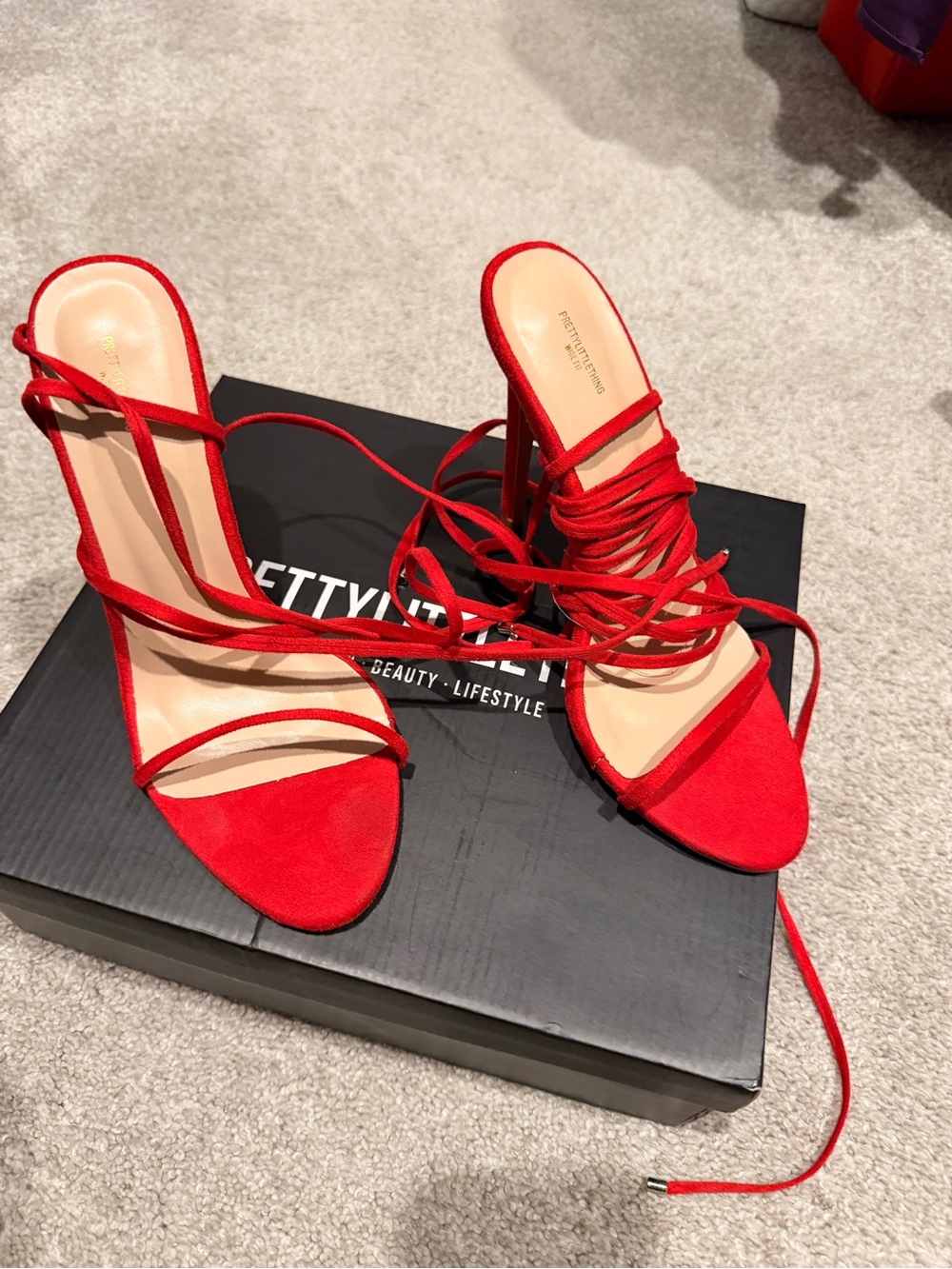PrettyLittleThing Red Lace-Up Stiletto Sandals